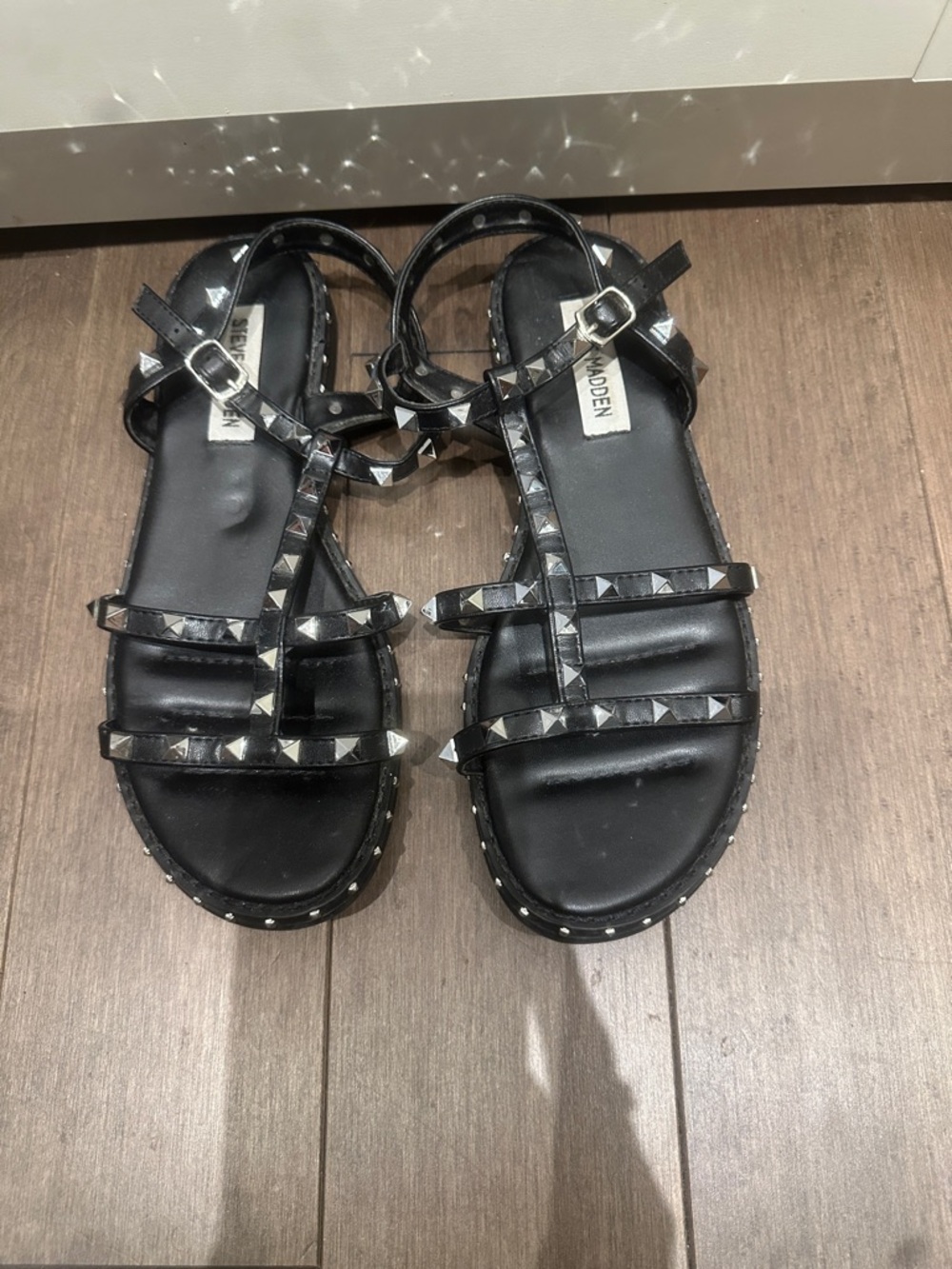 Steve Madden Black Studded T-Strap Sandals